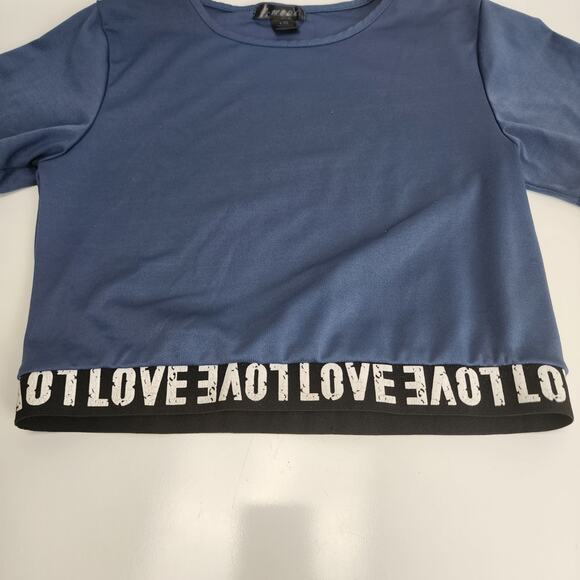 C Mode Blue Short Sleeve Black & White Elastic Band Crop Top Women's Size L - Picture 3 of 6